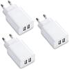 LEVMEK Caricatore USB 3 Pack 5 V 2 A 10 W, doppia presa USB con 2 porte, adattatore 100-240 V, caricatore USB da parete compatibile con iPhone Samsung Xiaomi Huawei Tablets Powerbank, bianco