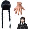 Sunshine smile Parrucca Addams da donna, parrucca nera per Mercoledì, parrucca Addams | Parrucche sintetiche lunghe per cosplay, Mercoledì per Halloween, carnevale, costume gotico, set con mano e forcina