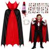 LGZIN Costume da Vampiro per Bambini, Mantello Vampiro Reversibile con Collo Alto Nero Rosso, Costume Halloween Bambini con Denti da Vampiro, Sangue Finto e 10 Tatuaggi per Carnevale Cosplay