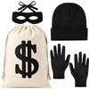 AIEDECOPT Costume Ladro Accessorio con Maschera, Cappello, Guanti, Borsa dei Soldi | Set Costume da Ladro per Carnevale, Completo da Rapinatrice di Banche per Halloween, Cosplay