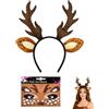 FIRZOM Set Corna di Renna, 1x Cerchietto + 1x Adesivo Faccia, Molla Morbida Antipressione, Cerchietti Natalizi Halloween, Costume Donna Bambina, Decorazione Festa Carnevale