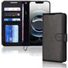 TECHGEAR Custodia a portafoglio in pelle per iPhone 16e, custodia flip protettiva [blocco RFID], porta carte, supporto e cinturino da polso - pelle PU nera con chiusura magnetica