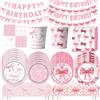 Potdemiel Set di stoviglie rosa con fiocco per decorazioni di compleanno, piatti di carta, bicchieri, tovaglioli, articoli per feste per ragazze, bomboniere per bambini, baby shower