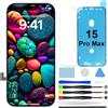 GOLDWANGWANG Schermo per iPhone 15 Pro Max LCD Display di Ricambio Touch Digitizer 6,7" | Kit riparazione completo con strumenti, adesivo impermeabile e vetro temperato, schermo Retina LCD con True Tone e Face ID