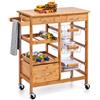 BAKAJI Carrello da Cucina in Legno di Bambù con Ripiano Tagliere 2 Cassetti Portaposate Portastrofinacci Portabottiglie 3 Ceste Portafrutta Metallo e 4 Ruote Girevoli Carrello da Portata Portavivande
