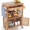 BAKAJI Carrello Cucina in Legno di bambù con Portabottiglie, Cassetto Portaposate Cestello Acciaio e 2 Ante Armadietto per Organizzazione e Sistemazione Ripiano Top in Legno Bamboo Duro e Resistente