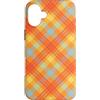 Grids & Checkerboard Pattern Gifts Custodia per iPhone 16 Plus Motivo retrò scozzese diagonale arancione giallo verde acqua