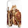 Medieval Fantasy Cat Art Co Custodia per iPhone 16 Plus Royal Cat King Spada Corona Scudo Dorato Armatura