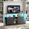 JDEFARF Mobile porta TV, con prese di corrente e luci LED, 4 cassetti in tessuto, cassettiera con finitura in PU, console multimediale con portaoggetti per soggiorno (nero, M)