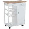 BAKAJI Carrello da Cucina in Legno con Ripiano Tagliere 2 Cassetti Portaposate e Capsule caffè 2 Ceste Portafrutta Metallo + Mobiletto con Anta 2 Mensole 4 Ruote Girevoli, Bianco, Unica(THC20313)