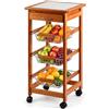 BAKAJI Carrello Cucina in Legno con 3 Cestelli Acciaio e Ripiano Top in Ceramica Bianca 9 Mattonelle, Tavolino da Portata Servizio Multiuso con 4 Ruote girevoli