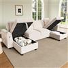 Ktipm Divano 4 Posti a Forma di U con Contenitore Nascosto e USB, Beige | Divano Angolare Modulare con Comodo Schienale, Divano con Penisola, Chenille, 279x132x84 cm