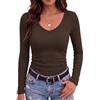 Demegimi Maglia Donna Manica Lunga Scollo a V Slim Fit a Costine | Maglia Donna Slim Fit a Costine Top Aderente in Viscosa Elasticizzata | Maglietta Basic Elegante Autunno Inverno
