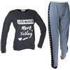 DIMENSIONE DANZA Pigiama Donna Originale modello maglia NERA pantalone GRIGIO in caldo Cotone Interlock Inverno PIGDD20155NE (L)
