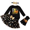 Beyinkoy Completo di Halloween per bambina, 4 pezzi: il mio primo outfit di Halloween per bambina, composto da tutina a maniche lunghe, gonna tutù, fascia per capelli e scaldamuscoli.