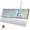 TECURS Tastiera da gioco programmabile con poggiapolsi magnetico, interruttori rossi, 19 modalità LED, tasti multimediali, cavo per tastiera PC layout QWERTZ DE