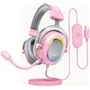 FiFine Cuffie da gaming con microfono, tipo over-ear, con cavo, headset USB per PC, PS4, PS5, cuffie RGB con 3 modalità EQ, audio surround e cuscinetti auricolari rosa