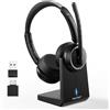TECKNET Auricolare Bluetooth con microfono, cuffia wireless con cancellazione del rumore tramite intelligenza artificiale, base di ricarica, adattatore USB, autonomia di oltre 55 ore, ricaricabile, modello over-ear, colore nero