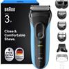 Braun Serie 3, rasoio elettrico uomo 3-in-1, con rifinitore per barba e 5 accessori pettine, adatto all'uso a secco e bagnato, ideale come regalo per uomo, prodotto in Germania, modello 3010BT, colore blu, confezione singola