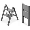 WOA WOA Scala a 2 gradini, pieghevole, in alluminio, leggera, per cucina, armadio, pedali antiscivolo, facile da piegare, portatile, capacità 136 kg, nero