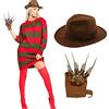 Fashion Oasis Costume da Freddy Horror da donna, maglione a righe rosse e cappello per Halloween
