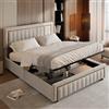 HYNHXBP Letto Matrimoniale 180x200 cm con Vano Contenitore, Letto Imbottito con Sollevamento Idraulico, Rete a Doghe, Testiera con Dettagli Dorati Verticali, Design Elegante, Beige