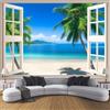 DLERFLOVR Carta Da Parati Murale Effetto 3D 300X210Cm - Finestre Finte Carta Da Parati Autoadesiva In Fotomurali,Carta Da Parati Palme Da Spiaggia Quadri Murali Murale Decorazione