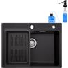CECIPA Lavello da cucina da 60 x 45 cm, in granito nero, con dispenser per sapone, da incasso, 1 vasca, lavello da incasso nero opaco, grande lavello da cucina, moderno, facile da pulire, durevole, set con