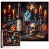 Tucocoo Puzzle gotico di Halloween da 1000 pezzi per adulti bottiglia di vino infestata fantasma teschio puzzle corvo scuro e candele opere d'arte horror autunno spettrale attività puzzle impegnativo