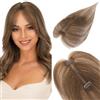 S-noilite Topper Capelli Veri Donna Frangia A Tendina #04 Marrone Cioccolato - Base Lace 3x13cm Lavorata a Mano, Hair Topper Capelli Umani per Zone Diradate 10g 25cm