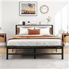 VERFARM Struttura letto king size da 150 x 200 cm, in metallo, con testiera in legno, senza bisogno di molle, robusto supporto a doghe in acciaio, facile da montare, senza rumore, marrone vintage