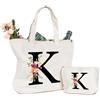 Sinekong Personalizzata Iniziali Borsa Tela Donna con Lettere e Fiori Cotone Canvas, Cosmetica per Sposa Damigella, Idea Regalo Mamma, Compleanni, Matrimonio(K)