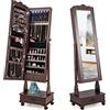COSTWAY Armadietto portagioie con specchio, specchio a LED con cassetto, organizer per gioielli con serratura su rotelle, ideale per riporre e truccare