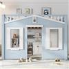 Azkoeesy letto a soppalco, letto casetta 90x200, letto cameretta adolescenti ragazze, legno pino bianco, 2 finestre decorative bianche, blu