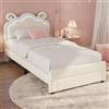 JiaOyu Lettino per bambini 90 x 200 cm, letto imbottito 90 x 200 cm con rivestimento orsacchiotto, testiera regolabile a forma di corno ariete, letto singolo con LED a 7 colori e cassetto