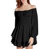 Generic Abito estivo da donna con volant, multistrato, chiffon, scollo rotondo, spalle scoperte, mini abito fluido in cotone