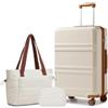 KONO Set di 3 Valigie Trolley Medio 65cm e Borsa Shopper, Crema/Marrone | Rigida e Leggera Valigia in ABS+PC da Stiva, Serratura TSA, 4 Ruote 360° Silenziose, Borsa Shopper Elegante e Borsa Trucco