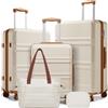 KONO Set di 5 Valigie Trolley 55/65/75cm e Borsa Shopper, Crema/Marrone | Rigida e Leggera Valigia in ABS+PC da Stiva, Serratura TSA, 4 Ruote 360° Silenziose, Borsa Shopper Elegante e Borsa Trucco