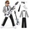 TOYTOPIE Costume da Rockstar per Bambino, Outfit da Palcoscenico con Paillettes, Chitarra Gonfiabile, Occhiali, Guanti, Cravatta e Pantaloni, Costume da Cantante, Halloween, Carnevale, Spettacolo Scolastico