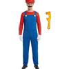 Suffolly Costume da idraulico da uomo, travestimento Halloween per fratelli | Costume di Halloween da uomo con salopette, berretto, barba finta, guanti bianchi e accessorio chiave inglese