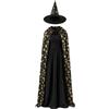 mini kitty Halloween Wizard Costume Set Strega Mantello e Cappelli | Costume con decorazioni a stella dorata, per bambini e adulti, per feste di Halloween, cosplay, scena da palcoscenico, nero
