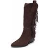 MISSCAI Stivali Texani Donna Stivaletti con Frange e Tacco a Blocco 6 cm | Camperos donna, punta affusolata, ricami western, effetto scamosciato, trafori decorativi