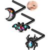 OUFER 3PCS 20G Halloween Kit Piercing Naso a L Nero Piercing Nostril 7 mm Acciaio Inossidabile 316L Nose Ring Glitter Pipistrello Luna Ragno Gioielli per il Corpo Donna