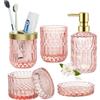 Goldmeet Set di 5 accessori da bagno in vetro, set di dispenser di sapone rosa, con dispenser di sapone, portasapone, porta spazzolino, contenitore di cotone, bicchieri, set di decorazioni per il bagno