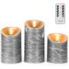 FREEPOWER Set di 3 candele a LED grigie in vera cera, con telecomando e | Candele a colonna senza fiamma, funzionamento a batteria, luce bianca calda, dimmerabile, decorazione per interni