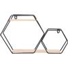 Tomotato Mensole sospese a parete, confezione da 2 mensole sospese geometriche set scaffali esagonali color oro rustico con struttura in metallo espositori da parete in legno senza (Nera)