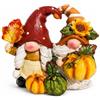 Sukizifa Decorazione Autunnale, Doppio Gnomo con 3 zucche, 10,5 cm | Decorazione zucca in resina sintetica, arancione-verde con girasole/foglia, per tavolo/mensola, 1 figura di doppio gnomo