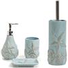 COSE DA CASA Set 4 Accessori Bagno in Ceramica CELESTE Dispenser Sapone Porta Spazzolini Piattino Portascopino Decorazioni Marine Conchiglie e Stella Marina Design MARE Elegante Casa e Hotel