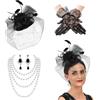 Psiokimi 4 Pezzi Fascinator da Donna, Cappello da Donna Nero Vintage, Cappello Fascinator con Guanti Collana e Orecchini per Tea Party e Carnevale