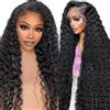 Hxxcoup 32 Inch Echthaar Perücke Damen Human Hair Wig Lace Front Wig 13X4 Transparent Lace #1B Natural Black Curly Wave for Women Glueless Wear Low Shedding and Go Minimal Smell
